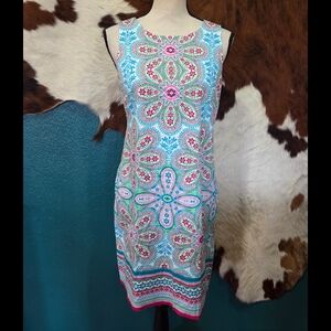 London Times Sleeveless Floral Tile Print Dress - Pink & Turquoise